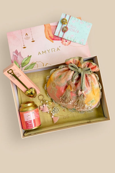 Rakhi Hamper - Abstract Art Banarasi Potli - Peach - Care Box
