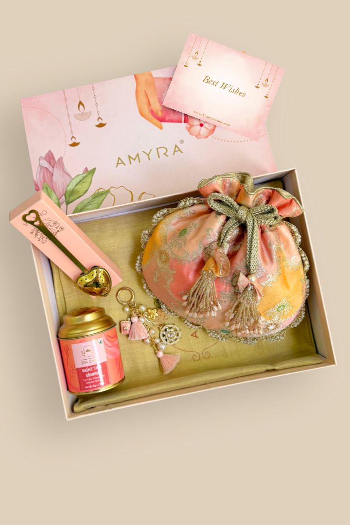 Gift Hamper - Abstract Art Banarasi Potli - Peach - Care Box