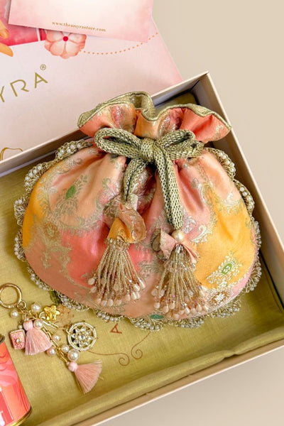 Gift Hamper - Abstract Art Banarasi Potli - Peach - Care Box