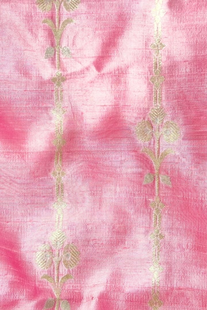 Alekha Handwoven Raw Silk Light Gold Zari Fabric - Pink