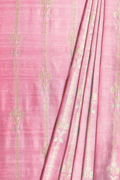 Alekha Handwoven Raw Silk Light Gold Zari Fabric - Pink