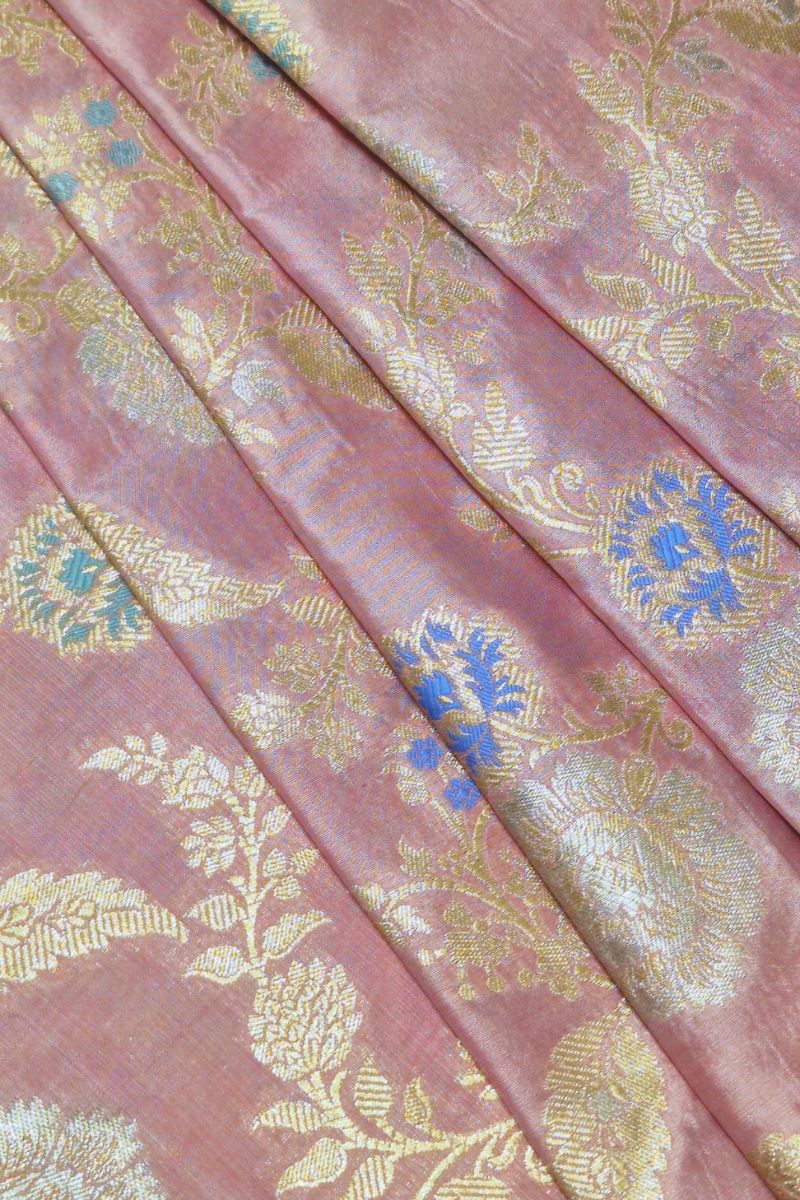 Amoda Handloom Katan Silk with Gold Zari and Meena work Fabric - Pink