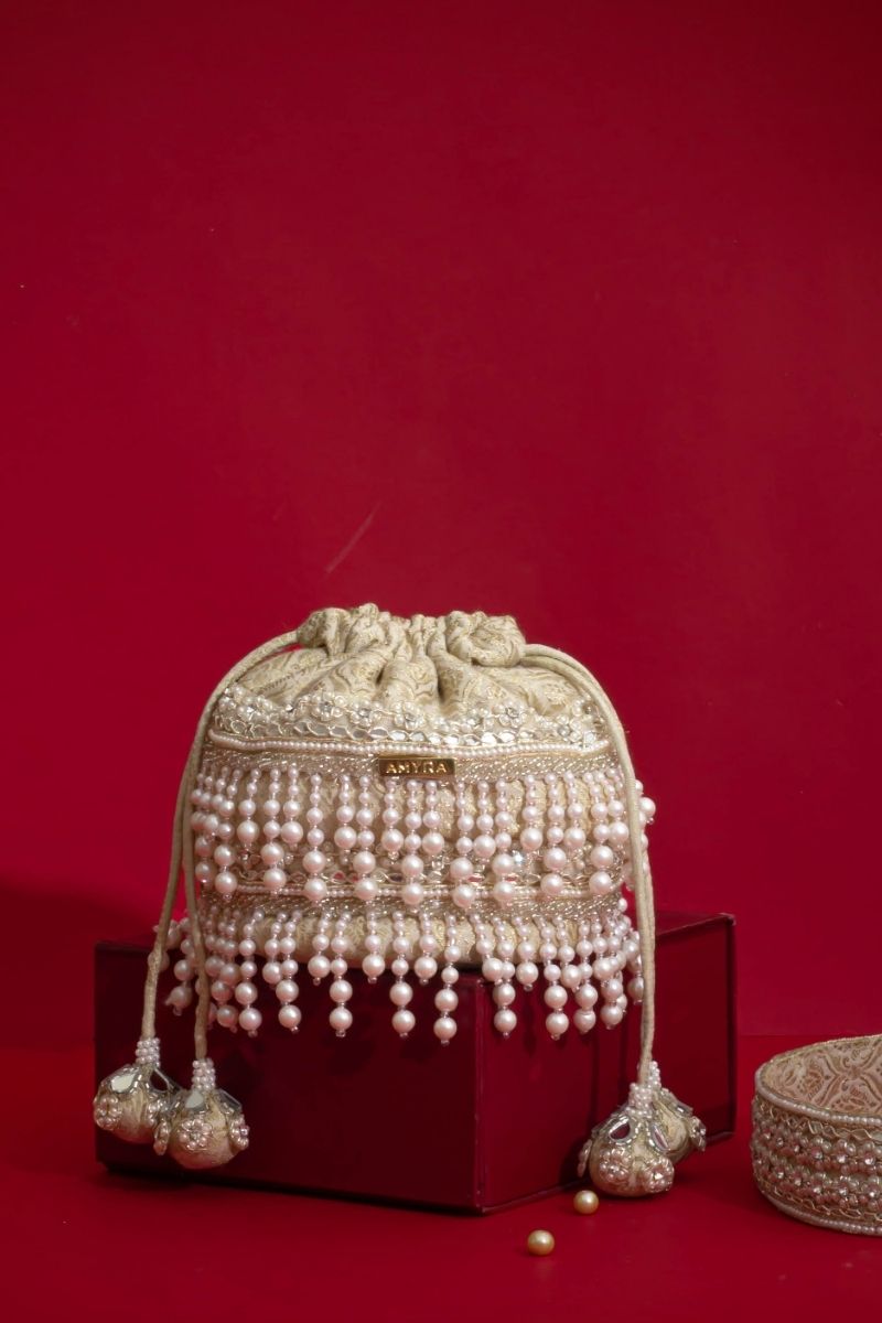Anahi Embroidered Brocade Mini Potli - Ivory