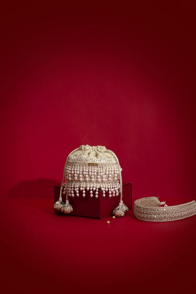 Anahi Embroidered Brocade Mini Potli - Ivory