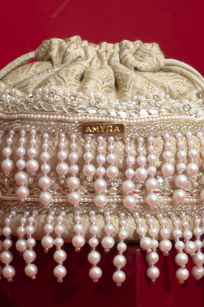 Anahi Embroidered Brocade Mini Potli - Ivory