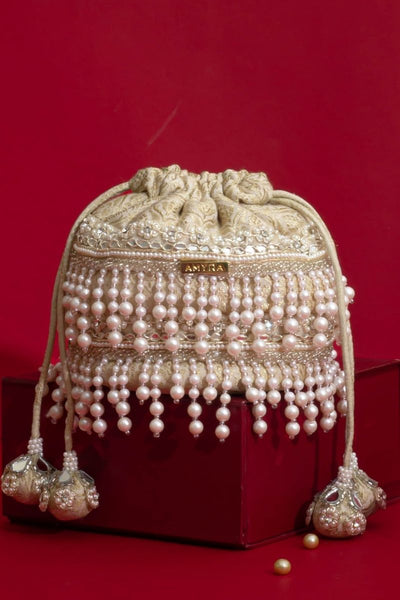 Anahi Embroidered Brocade Mini Potli - Ivory
