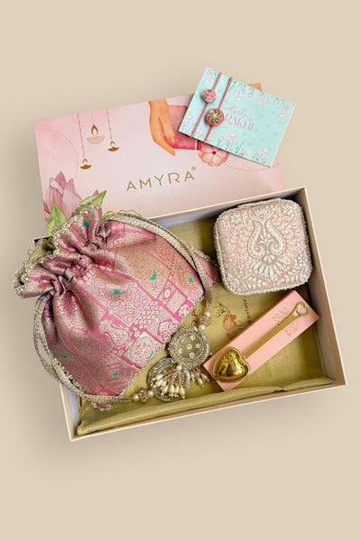 Rakhi Hamper - Anouk Pure Banarasi Silk Potli - Pink - Care & Accessory Box
