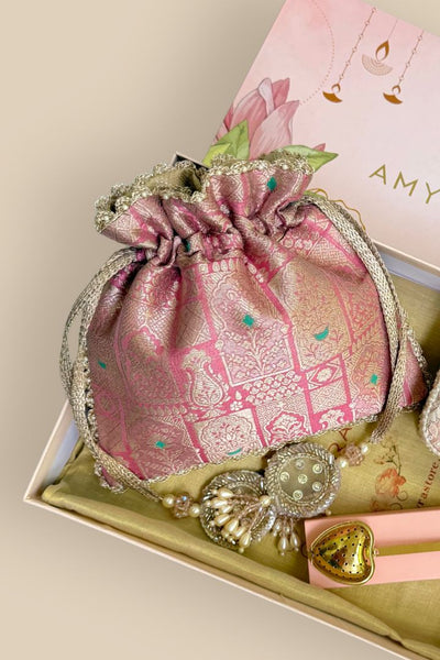 Gift Hamper - Anouk Pure Banarasi Silk Potli - Pink - Care & Accessory Box