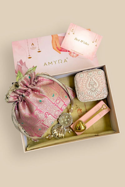 Gift Hamper - Anouk Pure Banarasi Silk Potli - Pink - Care & Accessory Box