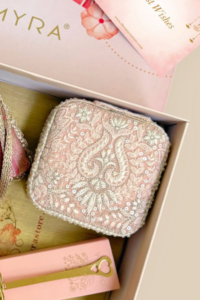 Gift Hamper - Anouk Pure Banarasi Silk Potli - Pink - Care & Accessory Box