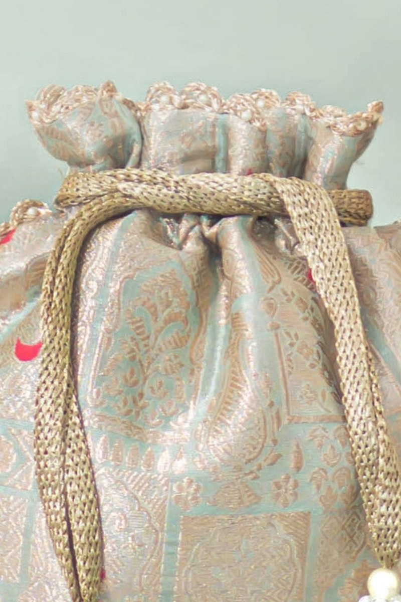 Anouk Pure Banarasi Silk Potli - Ice Blue