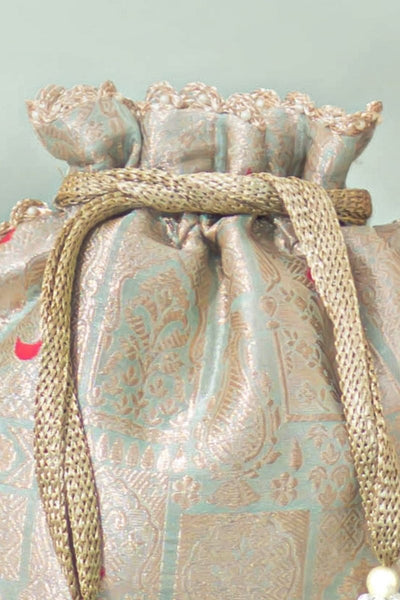 Anouk Pure Banarasi Silk Potli - Ice Blue