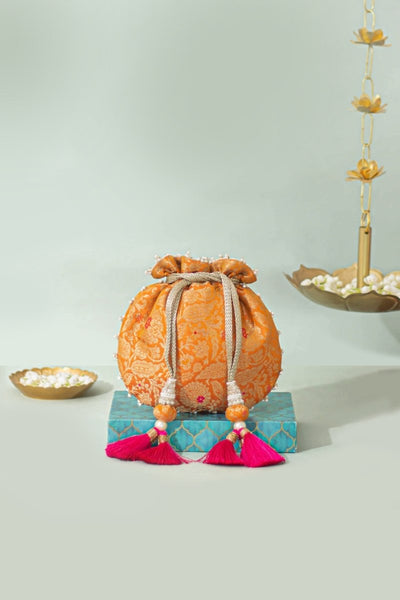 Ansa Pure Banarasi Silk Potli - Orange