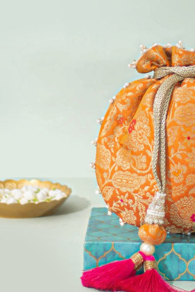 Ansa Pure Banarasi Silk Potli - Orange