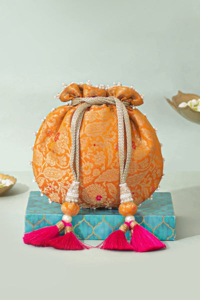 Ansa Pure Banarasi Silk Potli - Orange