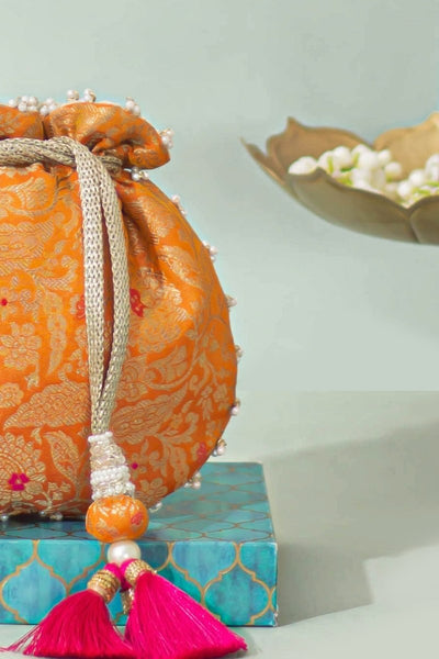 Ansa Pure Banarasi Silk Potli - Orange