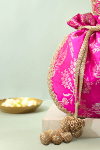 Arith Pure Raw Silk Embellished Potli - Pink