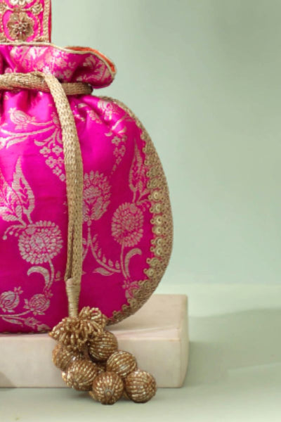 Arith Pure Raw Silk Embellished Potli - Pink