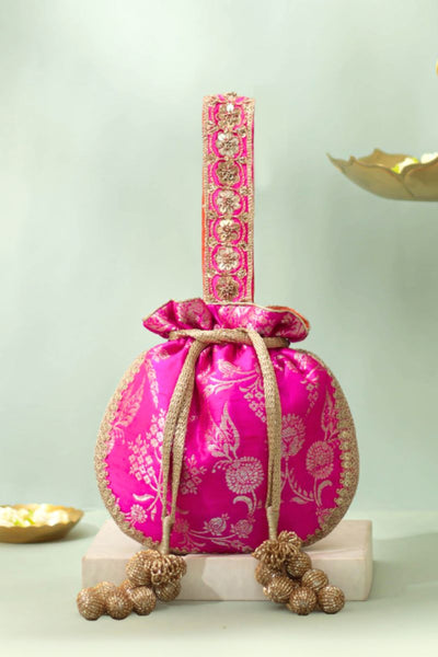 Arith Pure Raw Silk Embellished Potli - Pink