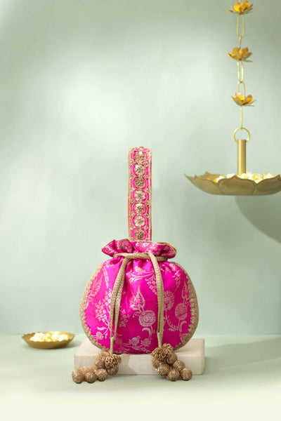 Arith Pure Raw Silk Embellished Potli - Pink