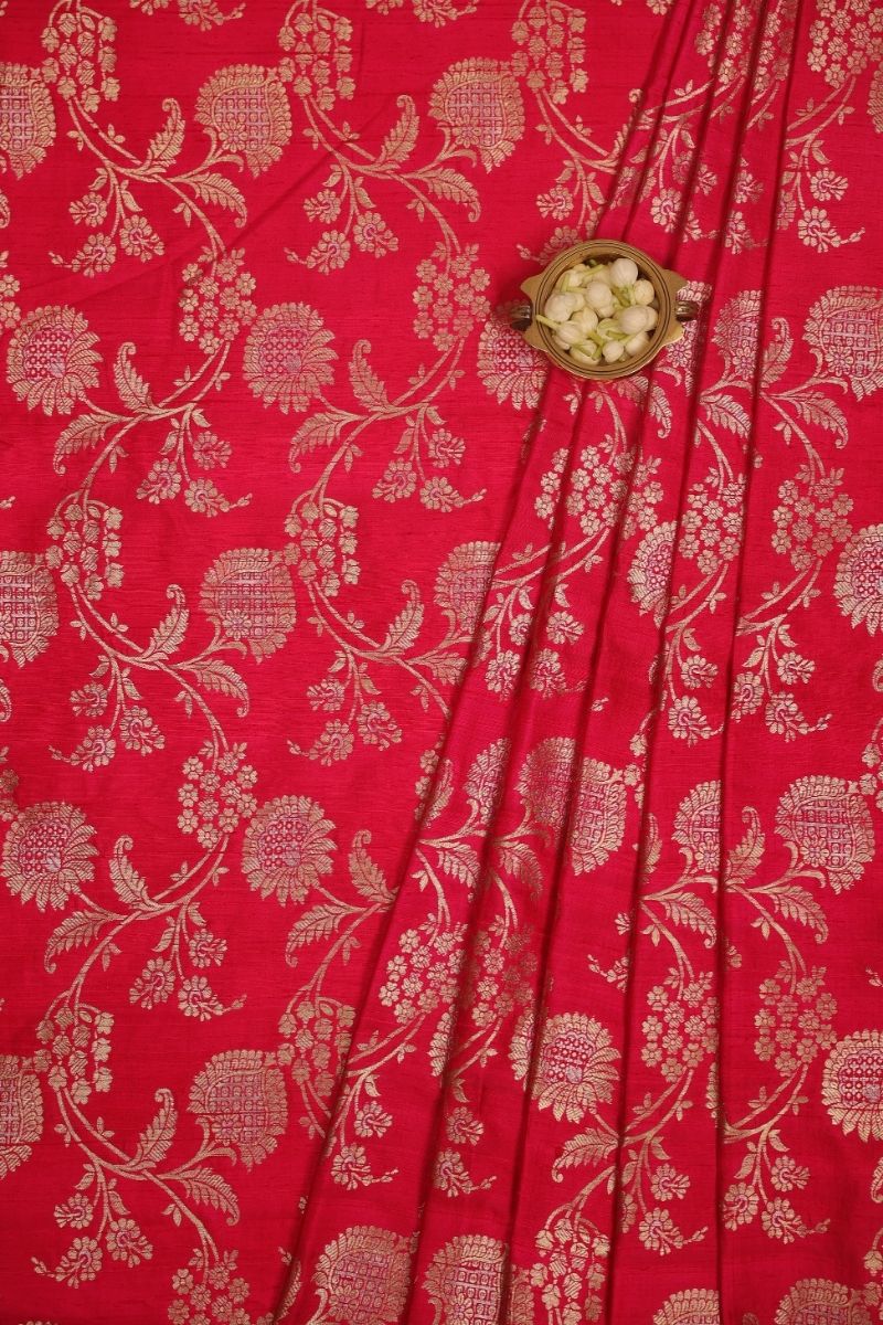 Arith Handwoven Raw Silk Gold Zari Fabric - Red