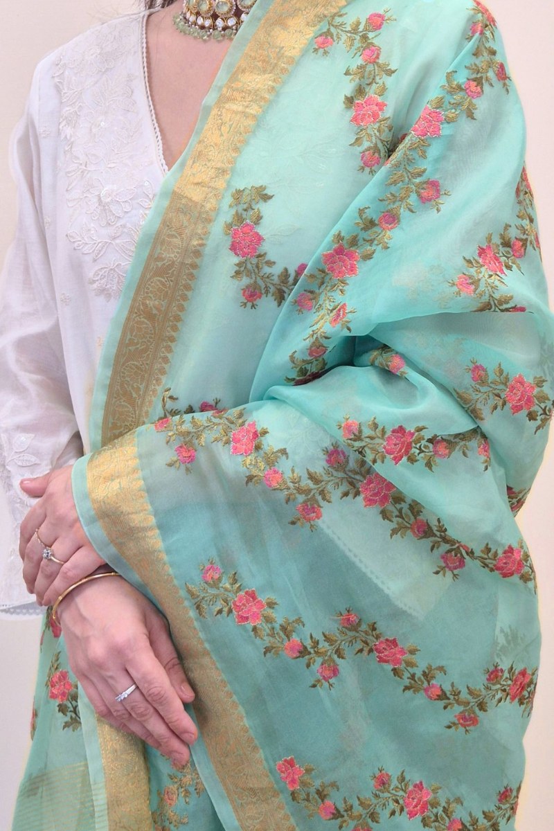 Aroha Floral Thread Embroidered Tasseled Dupatta - Blue