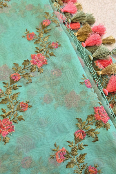 Aroha Floral Thread Embroidered Tasseled Dupatta - Blue