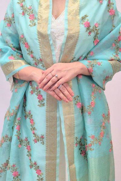 Aroha Floral Thread Embroidered Tasseled Dupatta - Blue