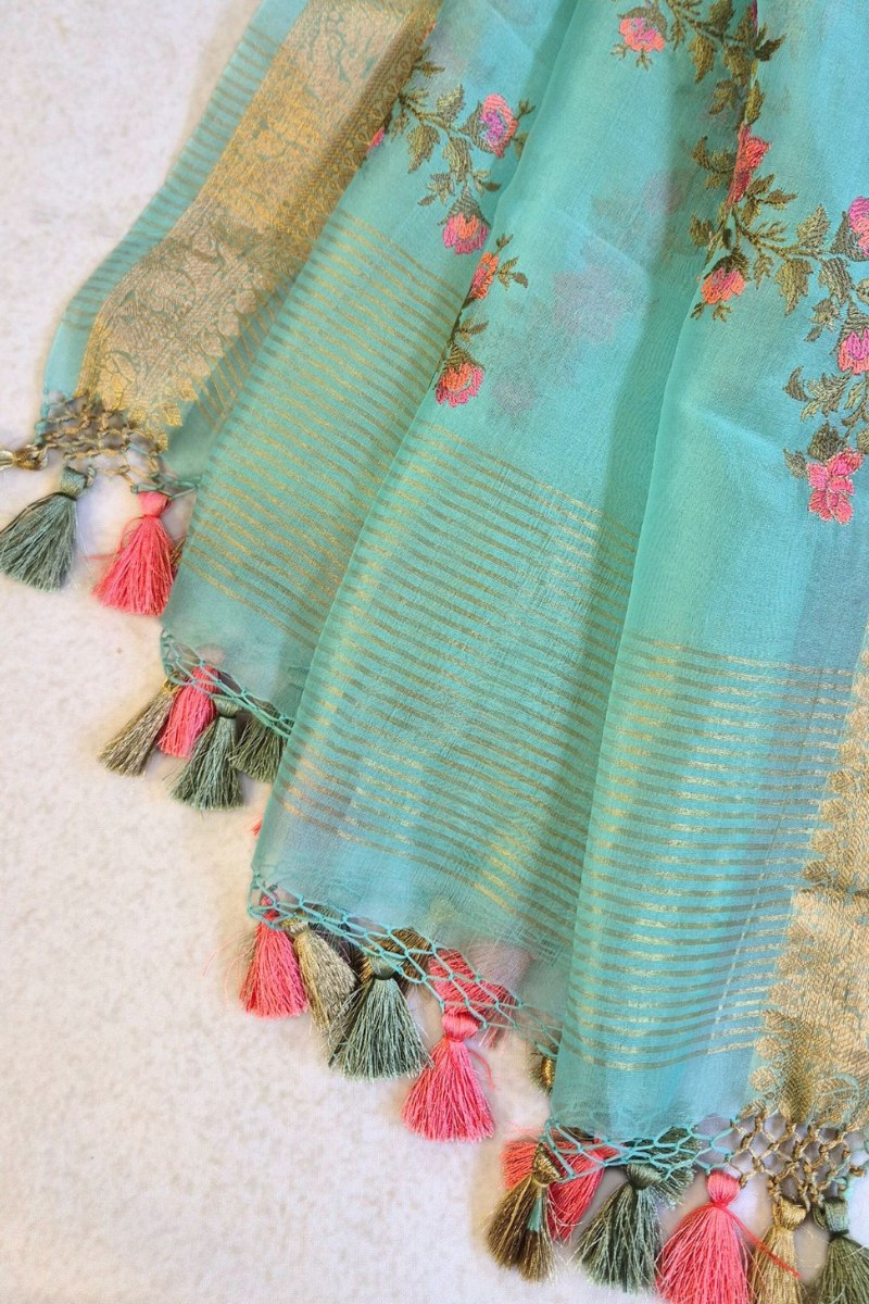 Aroha Floral Thread Embroidered Tasseled Dupatta - Blue