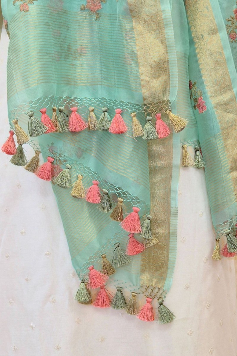 Aroha Floral Thread Embroidered Tasseled Dupatta - Blue