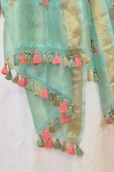 Aroha Floral Thread Embroidered Tasseled Dupatta - Blue