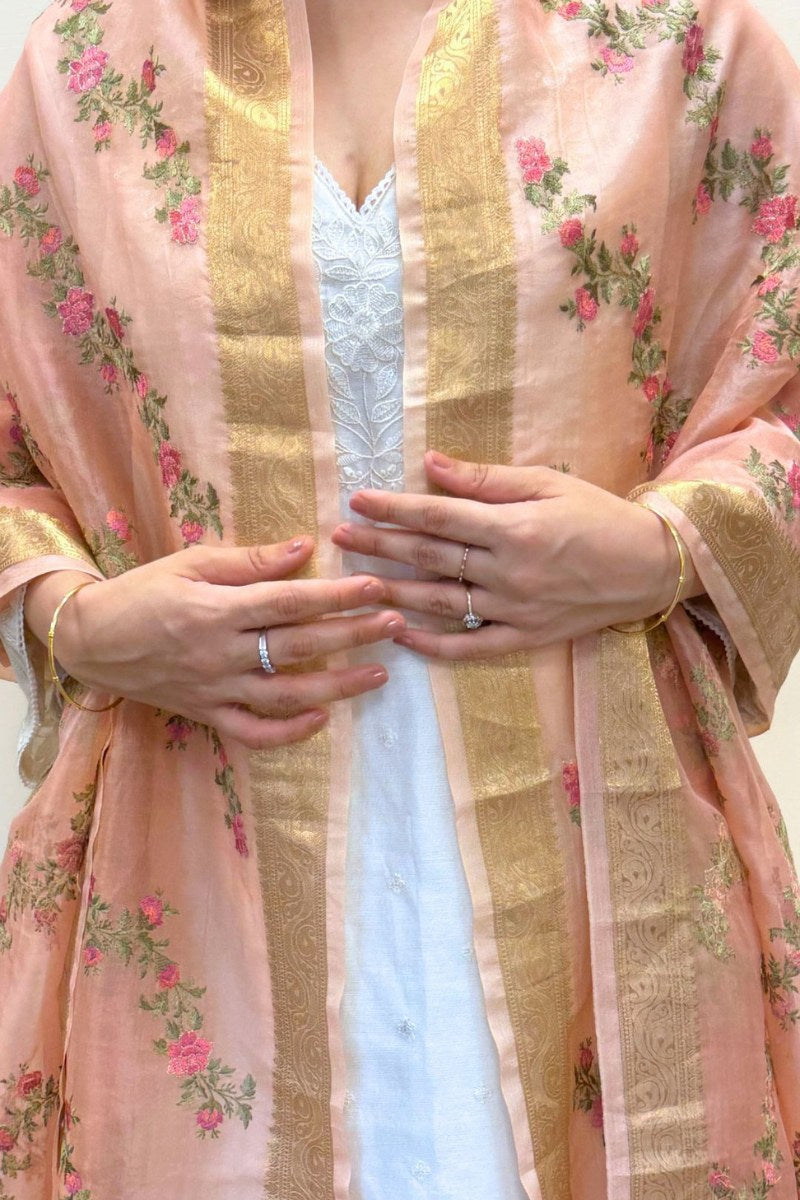 Aroha Floral Thread Embroidered Tasseled Dupatta - Coral