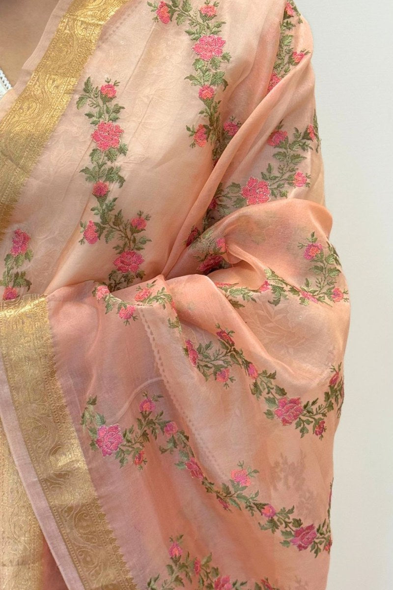 Aroha Floral Thread Embroidered Tasseled Dupatta - Coral