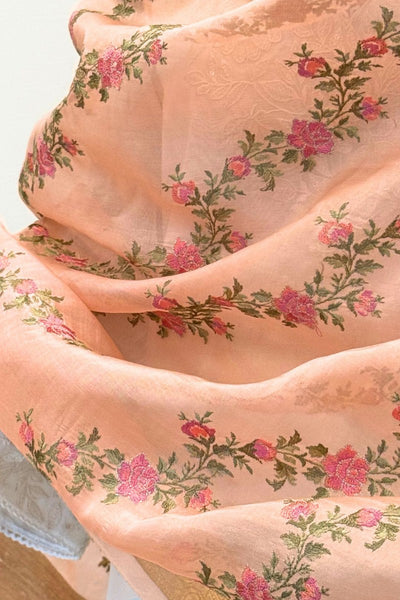 Aroha Floral Thread Embroidered Tasseled Dupatta - Coral