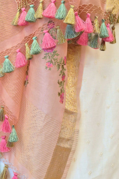 Aroha Floral Thread Embroidered Tasseled Dupatta - Coral