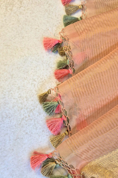 Aroha Floral Thread Embroidered Tasseled Dupatta - Coral