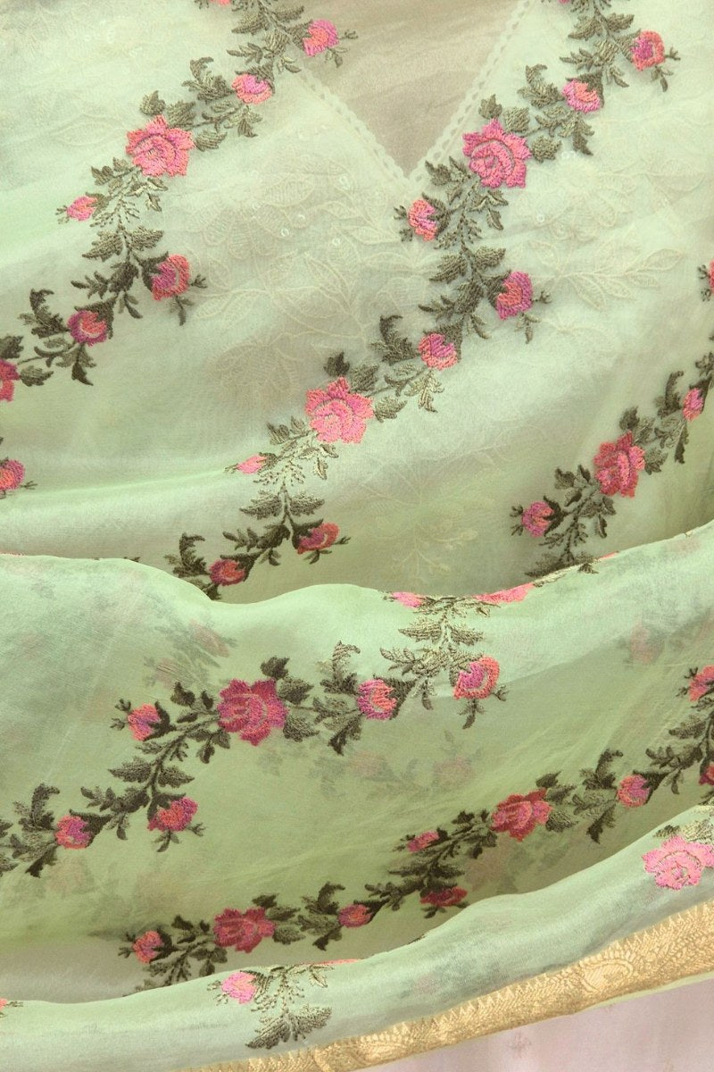 Aroha Floral Thread Embroidered Tasseled Dupatta - Green