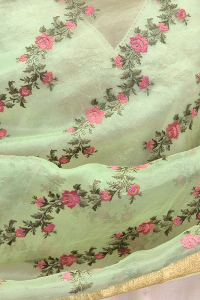 Aroha Floral Thread Embroidered Tasseled Dupatta - Green