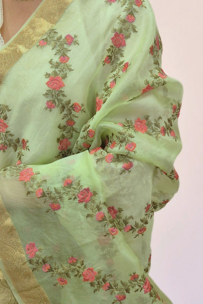 Aroha Floral Thread Embroidered Tasseled Dupatta - Green