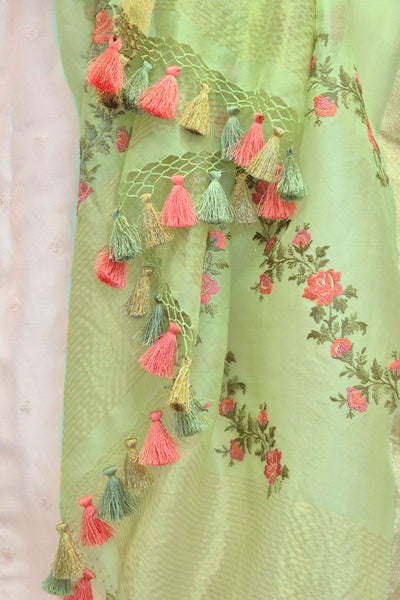 Aroha Floral Thread Embroidered Tasseled Dupatta - Green
