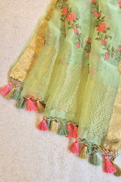 Aroha Floral Thread Embroidered Tasseled Dupatta - Green