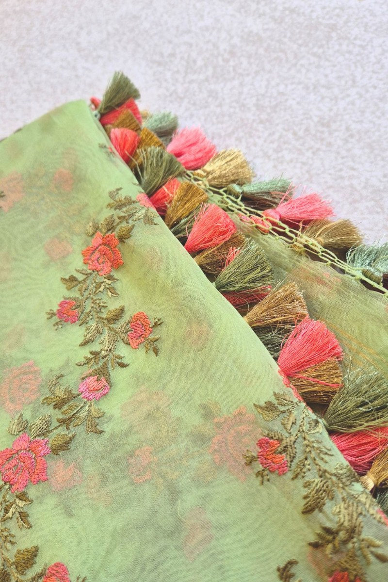 Aroha Floral Thread Embroidered Tasseled Dupatta - Green