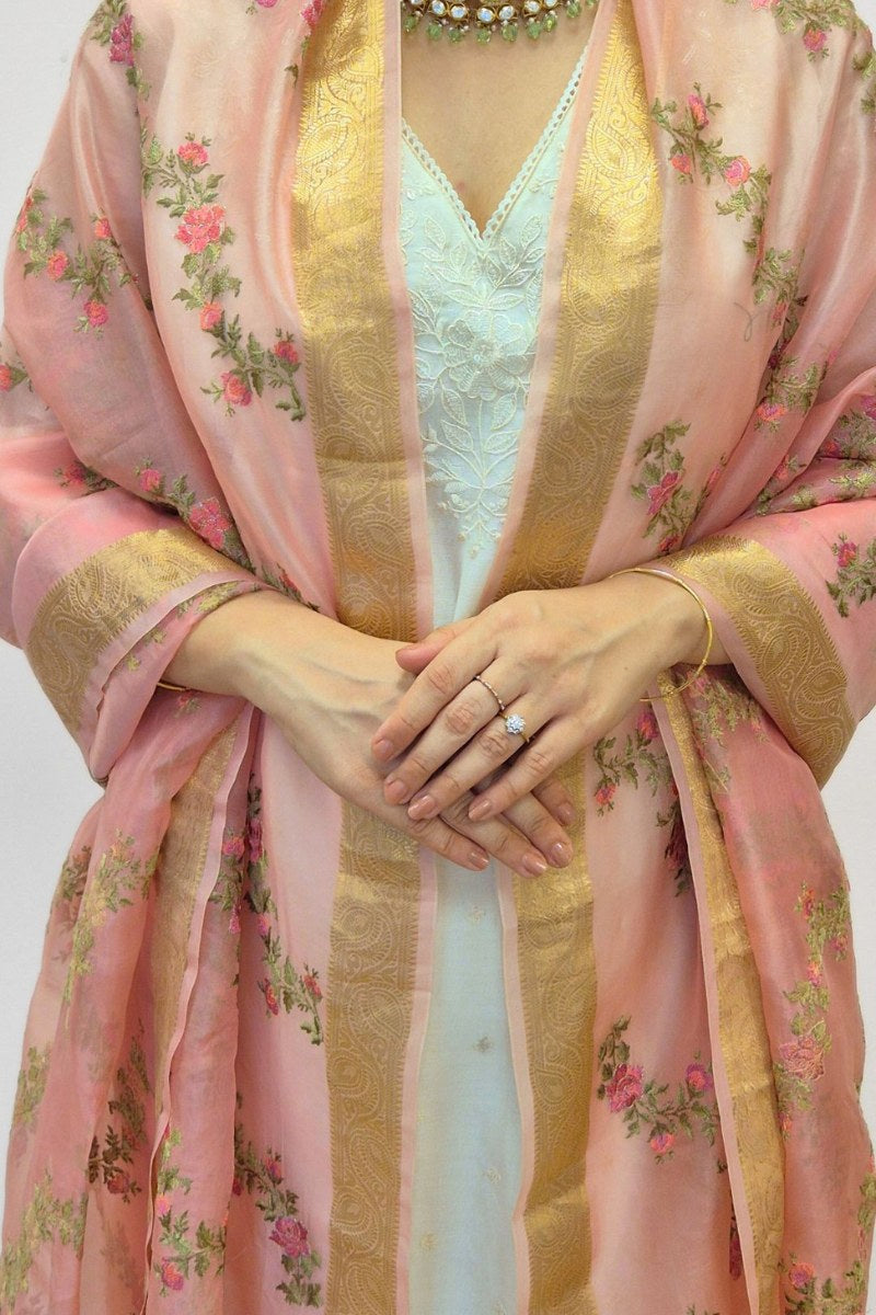 Aroha Floral Thread Embroidered Tasseled Dupatta - Pink