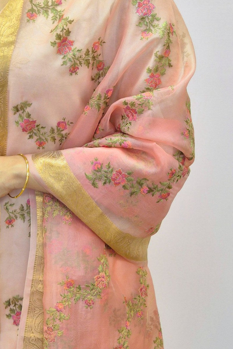 Aroha Floral Thread Embroidered Tasseled Dupatta - Pink