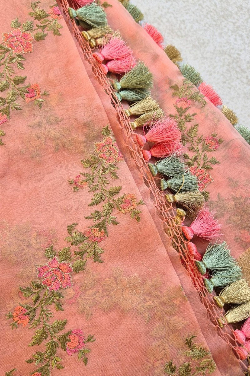 Aroha Floral Thread Embroidered Tasseled Dupatta - Pink