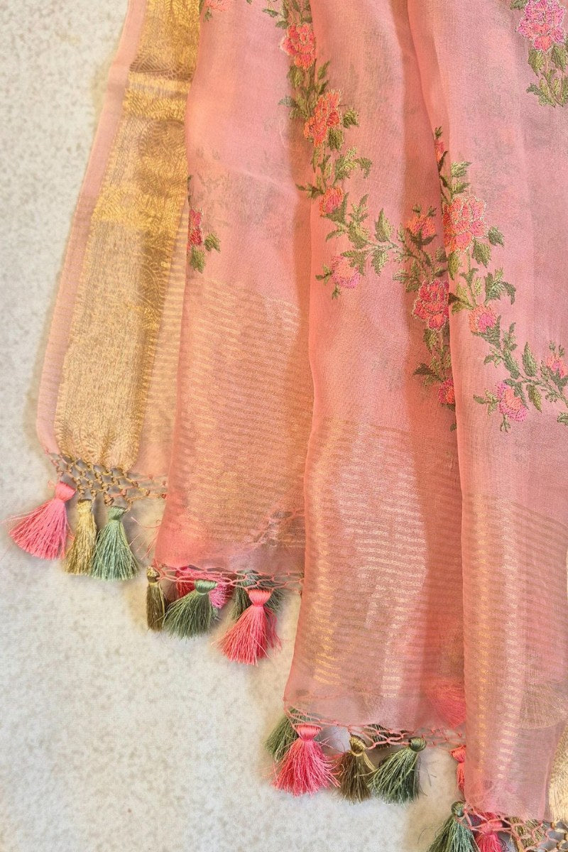 Aroha Floral Thread Embroidered Tasseled Dupatta - Pink