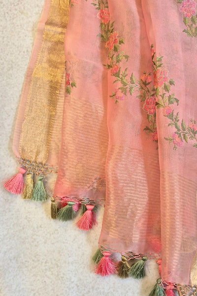 Aroha Floral Thread Embroidered Tasseled Dupatta - Pink