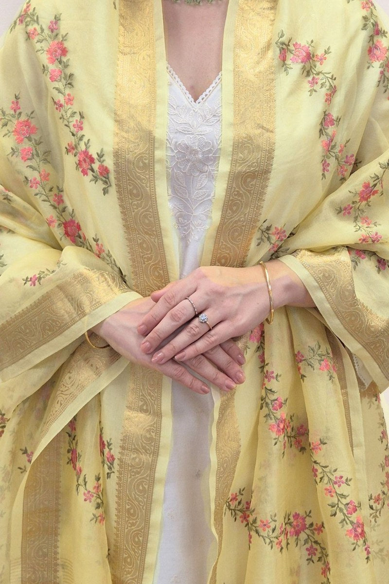 Aroha Floral Thread Embroidered Tasseled Dupatta - Yellow