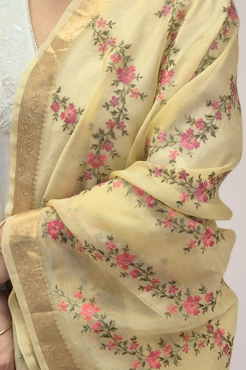 Aroha Floral Thread Embroidered Tasseled Dupatta - Yellow