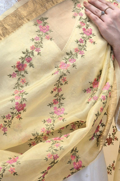 Aroha Floral Thread Embroidered Tasseled Dupatta - Yellow